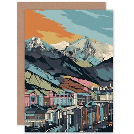 Artery8 Cityscape under Rocky Moutain Range Modern Linocut Travel Birthday Sealed Greeting Card Plus Envelope Blank Inside