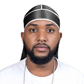 ForceWave Silky Durag for Men Wave Cap Satin Dorag for Men Women 360 Wave (Black with White Seam)