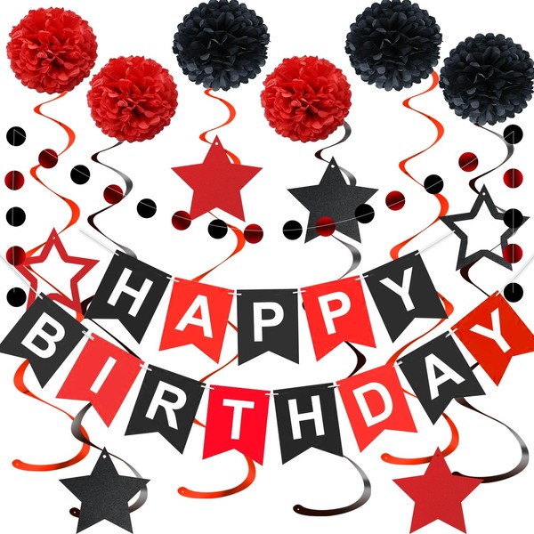 Red and Black Birthday Decorations, Black Happy Birthday Banner, Red