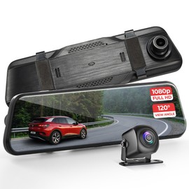 Pyle Dual Dash Cam Rearview Mirror, 1080p Full HD Front and Rear Car Camera with Night Vision, G-Sensor, Loop Recording, 9.66” Touchscreen, Backup Cam, Motion Detection, Wide-Angle Lens, 12" x 2" x 3"