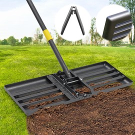 Lawn Leveling Rake with 30"x10" Foldable Curved Ground Plate, Heavy Duty 58" Long Handle Lawn Leveler Tool for Leveling Compost Soil Dirt Sand Grass Peat Moss