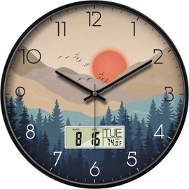 Silent Wall Clock with Day Week Temperature Wilderness with Sunset Non-ticking Battery Operated Large Digital Modern Clocks Display with Calendar and Date for Kitchen Farmhouse Bathroom Office 14 Inch