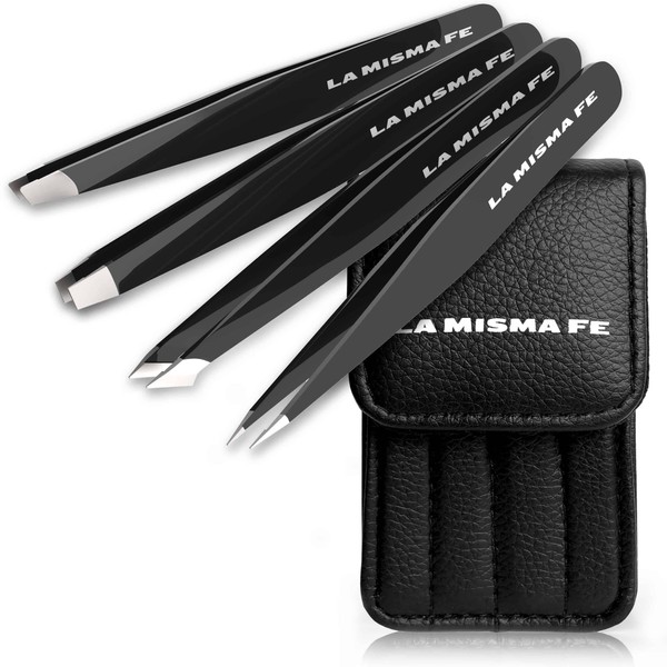 Tweezers Set for Eyebrow Plucking with Case (4 Pieces) - Stainless Steel Matt Black Antislip - Eyebrow Tweezers Hair Removal Eyelashes 4 Different Tips