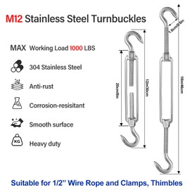 Tensores de gancho x gancho (tipo CC), 2 tensores PIUM de acero inoxidable M12, tensores resistentes de 1/2 pulgada para sombrilla, esgrima, tendedero, elevación
