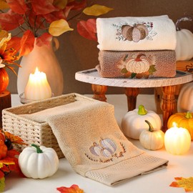 FuWeave 3Pcs Thanksgiving Hand Towels Fall Pumpkin Brown Hand Towels Happy Fall Embroidered Decorative for Bathroom Kitchen Decor Set, 100% Cotton, 13.3 x 29.5''