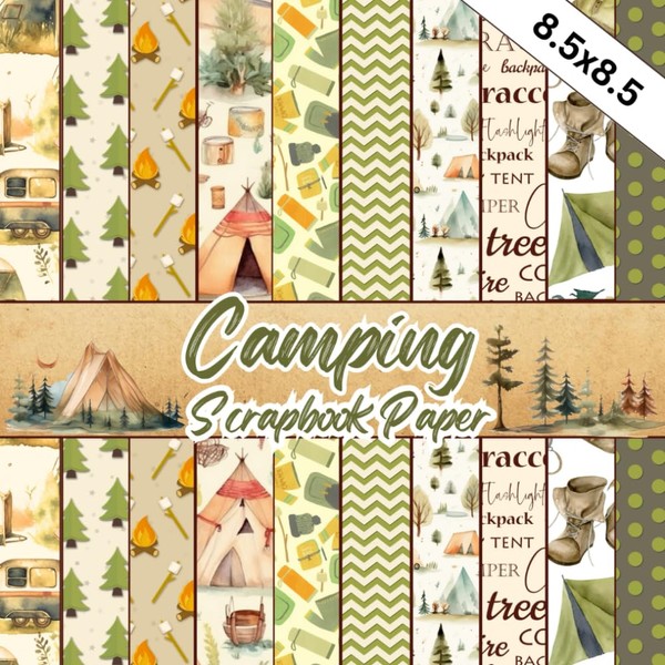 Camping Scrapbook Paper: 20 Double-Sided Sheets, 8.5x8.5 inches. Summer Camp-Themed