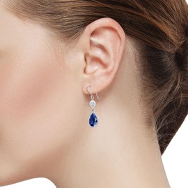 Gem Stone King 12.30 Cttw 925 Sterling Silver Dangle Earrings Set with Pear Shape Blue Simulated Sapphire and Moissanite