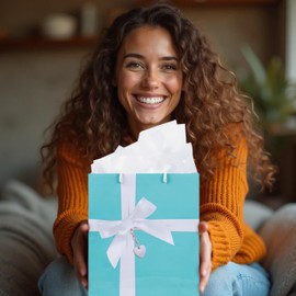 Turquoise Gift Bag with Tissue Paper - Luxury Satin Bow and Heart Locket Graphics - Rope Handles & Gift Tag included - (10in X 12in X 4.25in) - Medium size works with many gifts - Heavyweight Paper - by Havercamp