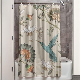LIVETTY Off White Bird Floral Shower Curtain 90×180cm with 12 Hooks Mould Proof Flowers Shower Curtain Fabric Bathroom Curtain Washable Quick-Drying