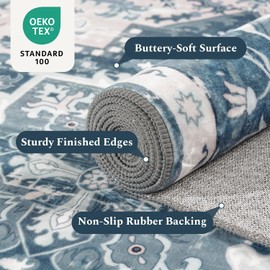 Rugflix Area Rug for Living Room, 6x9 Machine Washable Area Rugs with Non-Slip Backing, Large Soft Boho Vintage Rug for Bedroom, Dining Room, Low Pile Carpet, Kids Pet Friendly, Light Blue