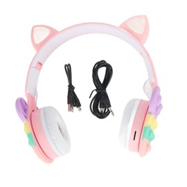 Bluetooth Cat Ear Headphones Fashionable Light Up Wireless Headset for Mobile Phones PC Tablet Pink