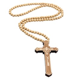 Religious Wooden Cross Large Big Jesus Crucifix Pendant Natural Wood Natural Rosary Colorful Beads Chain Necklace Christian Prayer Baptism Jewelry Easter Gift For Men Women - Yellow