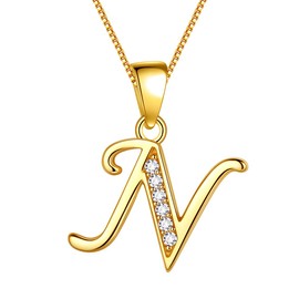 Aurora Tears Letter N Neckalce 925 Sterling Sliver 18K Gold Plated Initial N Alphabet Pendant with Cubic Zirconia Jewellery Dating Gifts for Women DP0045N-Y