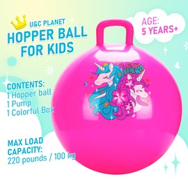 U&C Planet Hopper Ball 20 inches Bouncy Ball with Handle for Kids Age 5-9 Hoppity Hop Sit and Bounce Jumping Hopping Toy with Pump and Gift Box Great Gift for Birthday Christmas, Pink