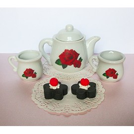 Red Rose Ceramic Tea Set Pitcher 2 Tea Cups 2 Chocolates Playset for 14 inch and 18 Inch dolls American Girl®, Journey Girls, Our Generation, Madame Alexander, Wellie Wishers, Hearts for Hearts, Glitt