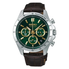 Seiko Selection Men's Quartz Chronograph, Dial: Green, Band: Brown (Leather), Horizontal 3-prong chronograph