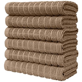 Bumble Towels Pack of 6 Large Tea Towels / 16" x 28" / 40 x 71 cm / 6 Hand Towels Ribbed and Checked / Cotton Towels / Coordinating Tea Towel Sets / Elegant and Soft (Brown)