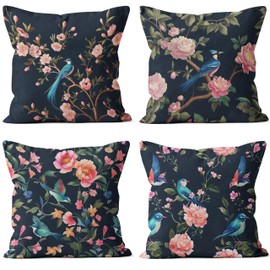 QGFM Bird Pink Peony Floral Pillow Covers 18x18, Bird Lover Gifts for Women, Cottagecore Blue Jay Botanical Flower Decorative Throw Pillow Covers for Home Bedroom Living Room, Set of 4