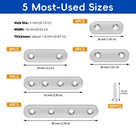Fixpax 111PCS 5 Sizes Flat Mending Plates for Wood Metal Brace Bracket Stainless Steel Straight Wood Brackets with Screw Holes 1.4"/1.8"/2.2"/3.0"/3.8" inch(Silver)
