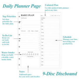 Classic Size Discbound Daily Planner Refill Paper, 9-Disc Discbound Pre-punched Happy Planners Insert, 100Sheets/200Pages To Do List Planner Refill, 100gsm White Paper, 7" x 9.25"