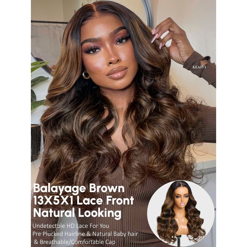 KLAIYI Ombre Brown Body Wave Lace Front Wigs Human Hair