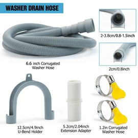 6.6 Feet Universal Washing Machine Drain Hose Flexible Dishwasher Drain Hose Extension Kits Corrugated Washer Hose w/ 1 Adapter 2 Hose Clamps 1 U-Bend Hose Holder