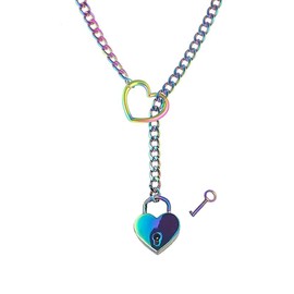 Heart O Ring Slip Chain Choker Necklace for Women Stainless Steel Cuban Chain Heart Y-shape Necklace Punk Rock Collar Necklaces Adjustable Lariat Y Necklace for Men (Multicolour lock)