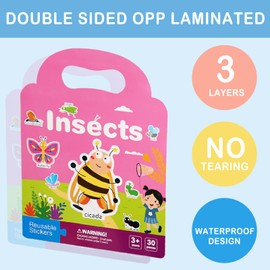 Acuiwer 4 Pcs Reusable Sticker Books, 3D Puffy Waterproof Sticker Books for Kids 3+ Year Olds, Kids Travel Activity Packs, Educational Learning Toy Birthday Gifts(Dinosaurs, Animals, Oceans, Insects)