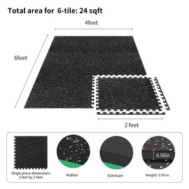 0.56in Thick 24 Sq Ft Gym Flooring for Home Gym, 6 Tiles Workout Exercise Equipment Mats, Rubber Top with EVA Foam, Interlocking Puzzle Floor Tiles for Fitness Room, Protective Flooring Mat