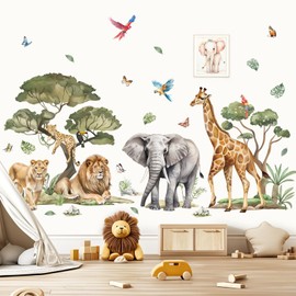 wondever Large Jungle Safari Animals Tree Wall Stickers Elephant Lion Giraffe Leopard Peel and Stick Wall Art Decals for Baby Nursery Kids Bedroom Living Room