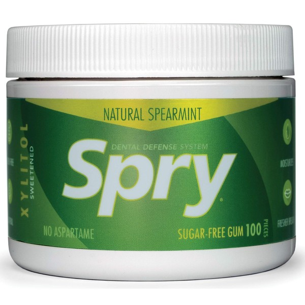 Spry Fresh Natural Xylitol Chewing Gum Dental Defense System Aspartame-Free Sugar Free Gum (Spearmint, 100 Count - Pack of 2)
