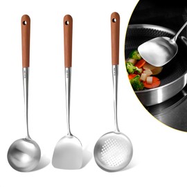 3Pcs Wok Spatula and Ladle Wok Utensils - Stainless Steel Cooking Utensils Set of Wok Ladle and Spatula Set of Wok Spatula Stainless Steel Wok Spoon - Wok Utensils for Carbon Steel Spatula Ladle Spoon
