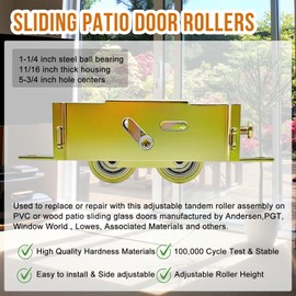 2 Pack Sliding Patio Door Tandem Roller Assembly Replacement for Guardian Glass Doors,1-1/4 in Steel Ball Bearing,End Adjustment,5-3/4" Screw Hole Centers