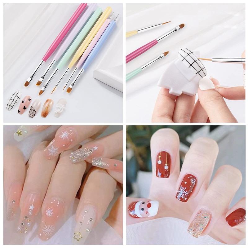 Nail Brushes, Set of 6, Ultra Fine Liner, Flat Brush,