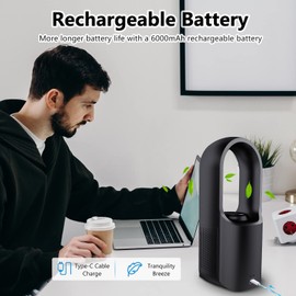 CONBOLA Fan for Bedroom Office Fan, 11.8 Inch Tower Fan with 3speeds, Quiet Cooling Rechargeable Portable Fan Lasting 17 Hours, Small Standing Floor Fans, House Desk Bladeless Fan, Black