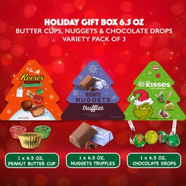 Holiday Gift Box 6.5oz Variety Pack of Peanut Butter Candy, Chocolate Drops, and Nuggets Pack of 3. Christmas Chocolate Candy Bulk Gift Box 3 Pack. Nuggets Truffles, Chocolate Drops Candy, Chocolate Peanut Butter Cups Miniatures