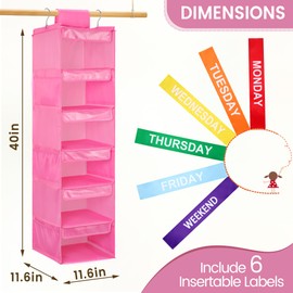 Fivebop 6-Shelf Weekly Clothes Organizer for Kids, Hanging Daily Closet Organization with 6 Side Pockets, Days of The Week Clothing Divider Storage for Boys and Girls (Pink)