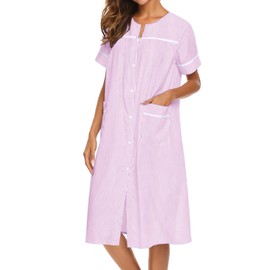 Ekouaer House Dress for Women with Pockets Button Down Duster Housecoat Short Sleeve Patio Dress Nightgown, Striped Pink, Medium