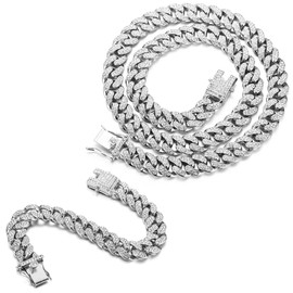 richhut 18k Yellow/White Gold Diamond Cuban Link Necklace Bracelet Set - Miami Iced Out, Exquisite Hip Hop Jewelry with Bling for Men & Women