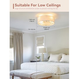 YMKSKJ Low Profile Ceiling Fans with Lights, 20" Boho Rattan Ceiling Fan with Light Flush Mount and Remote Control, Drum Caged with 6 Speeds for Bedroom, Nursery, Living Room