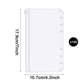 QYCX 100 Pcs Binder Pockets A6 6 Holes Zipper Binder Pouch Folders Clear Waterproof PVC Loose Leaf Bags for 6 Ring Budget Binder Notebook Planner Inserts Card Pouch Filing Bags