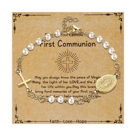 Flongo Catholic Rosary Bracelet for Women: Classic Stainless Steel Cross Pearl Beaded Bracelet Virgin Mary Rosary Bracelet with Card Gold