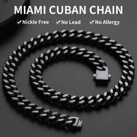 Mens Cuban Link Chain, Black Miami Cuban Chain Necklace for Men, 12mm Wide Hip Hop Mens Jewelry, 24"
