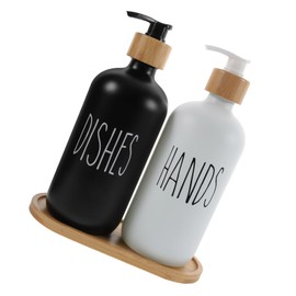 Mikinona Lotion Dispenser Set with Bamboo Tray Ergonomic Pump for Hand Soap Shampoo and Conditioner Stylish Bathroom Accessory for Home and Hotel Use