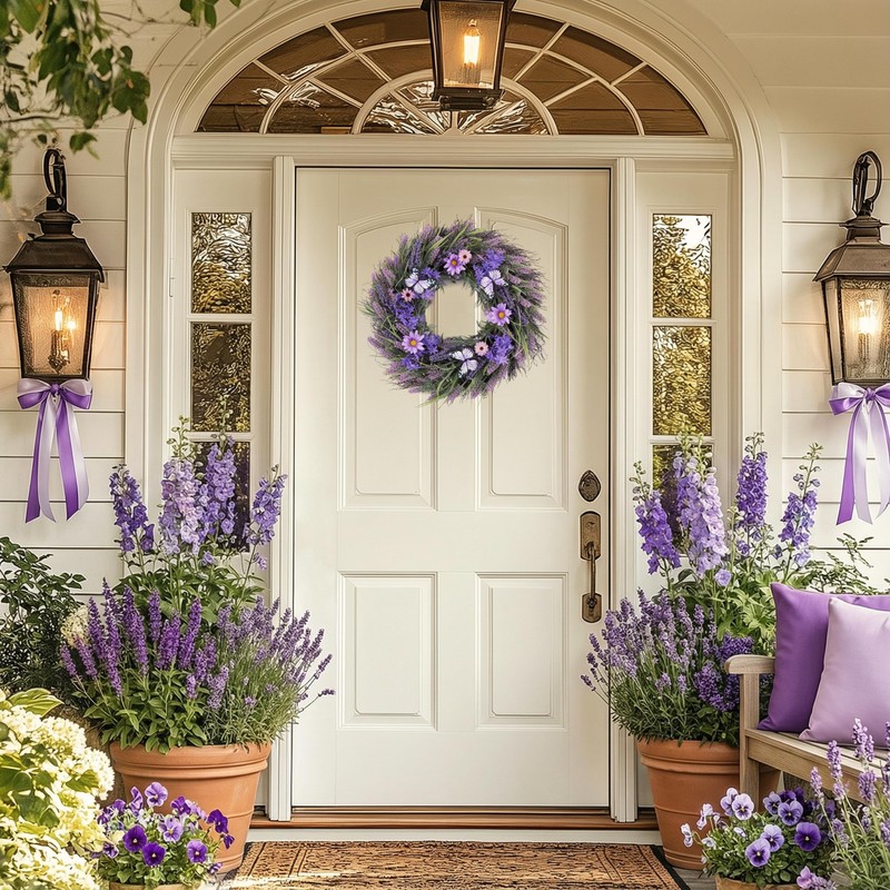 18 inch Spring Lavender Wreaths for Front Door with Lights