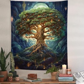 Tapzen Tree of Life Tapestry for Bedroom Aesthetic Moon Star Galaxy Forest Nature Tapestry Wall Hanging Boho Plant Vertical Wall Tapestry for Bedroom Living Room Dorm (80 x 60 inches)