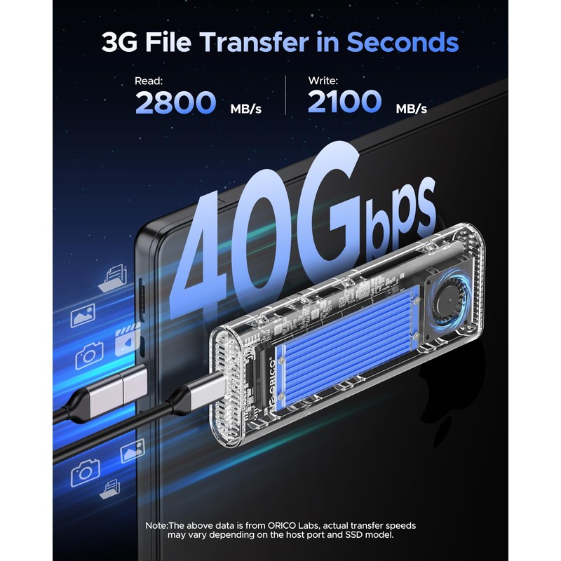 ORICO 40Gbps M.2 NVMe SSD Enclosure with Built-in Cooling Fan,