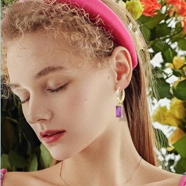 ONLYJUMP Birthstone Hoop Earrings for Women Crystal Dangle Drop Earrings 18K Gold Plated Huggie Hoop Earring Trendy Small Hoop Earrings for Birthday Gift (Purple)