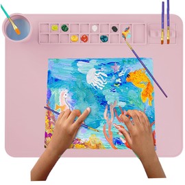 Silicone Painting Mat, 20"x 16" Silicone Art Mat with Cup, Kids Painting mat for Resin, DIY, Drawing Resin, Paint, Clay，Playdoh Large Craft Mat- Silicone Art Mat,Craft, (Pink)