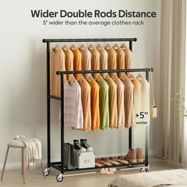 MISSLO Double Rods Garment Rack Heavy Duty Clothing Rack for Hanging Clothes Portable Clothes Organizer for Bedroom, Living Room, Clothing Store (Black with wheels)
